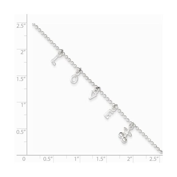 Sterling Silver 1.5mm Beaded LOVE Charm Anklet, 10-11 Inch - Picture 2 of 4